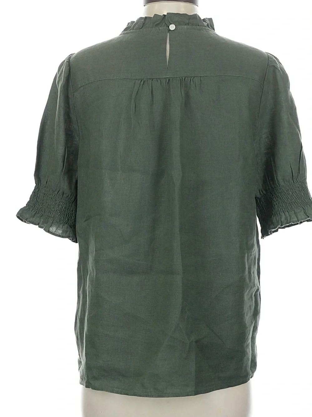 J. Crew Linen Olive Green Ruffle Neck Short Sleeve Blouse